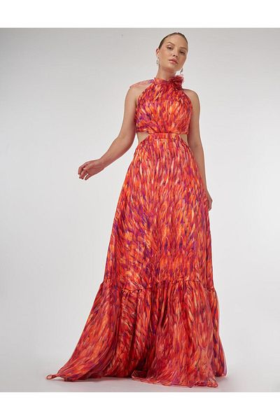 Kayra Abstract Pattern Ruffled Evening Dress Red