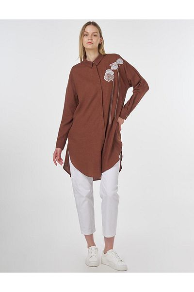 KYR Floral Embroidered Linen Viscose Tunic Brown