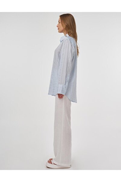 Kayra Çizgi Desen Lyocell Tunik Buz Mavisi