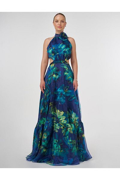 Kayra Abstract Pattern Ruffled Evening Dress Blue