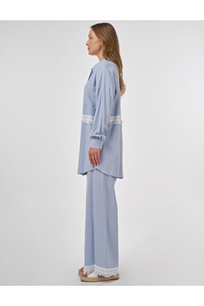 Kayra Δαντελένια γαρνιρισμένη λινό βισκόζη Διπλό Σετ Crown Blue