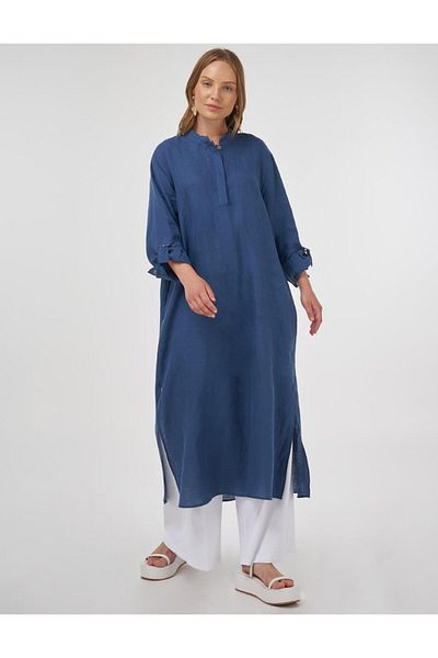 Kayra Judge Collar Linen Long Tunic Indigo