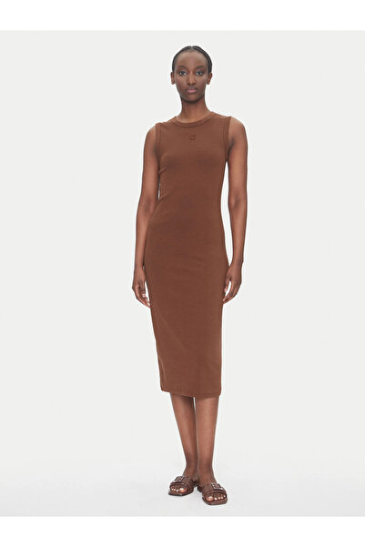 Calvin Klein Kadın Dar Kesim Yuvarlak Yaka Pamuklu Kolsuz Midi Boy Kahverengi Elbise LV047C240G-0S7