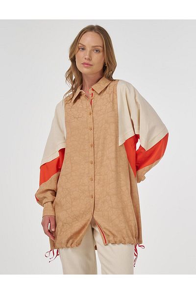 Kayra Fabric Garnished Jacquard Tunic Beige