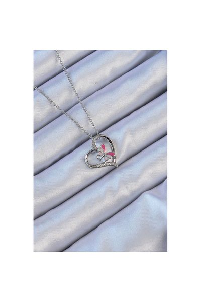 Skygo 316L Steel Chain Silver Color Enamel Butterfly Figure Zircon Stone Heart Necklace - Tj-Bko9108