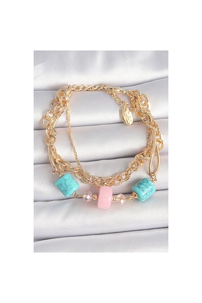 Clariss Brass Gold Color Multiple Chain Model Blue Stone Figured Women's Bracelet