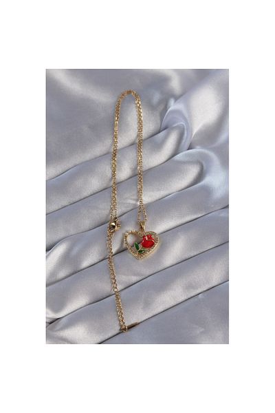 Skygo 316L Steel Chain Gold Color Zircon Stone Heart Inside Red Rose Design Necklace - Tj-Bko8865
