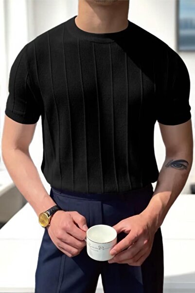 SeusCraft Erkek Toro Çizgili Likralı Slim Fit T-Shirt - Siyah Örme Triko Tişört Bisiklet Yaka