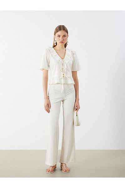 LC Waikiki V Neck Front Bow Ruffle Crop Blouse