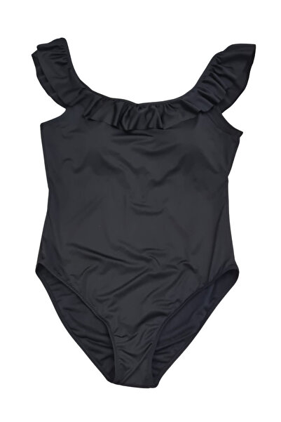 Glowzia Ruffled Plain Black Strap Women's Swimsuit