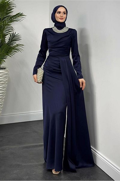 TRENDTESETTÜR Women's Dark Blue Pearl Necklace Evening Dress t 1510