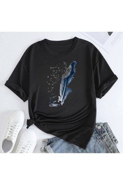 coolart Tricou cu pene de pasăre - Tricou oversize cu imprimeu negru, de vară...