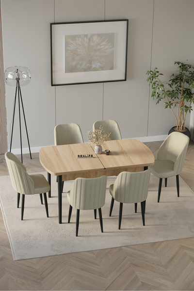 Renlife YEMEK MASASI TAKIMI METAL AYAKLI 6 SANDALYE 1 MASA (OSCAR KREM SONOMO...