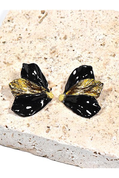 NARRU Handmade NARRU earrings, half flower, with black and gold petals, Mary 22