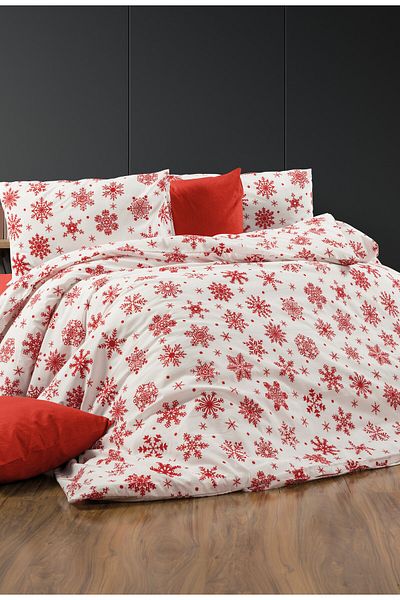 GARDEN ROOM Double Duvet Cover Set with Elastic Sheet Snowflake White Red