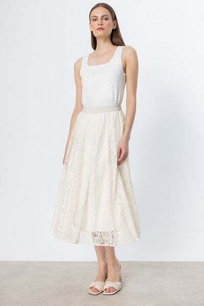 Ekol Lined Stoned Lace Skirt Ecru