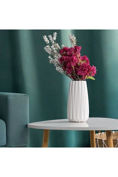 OEM Vaza Flori Decorativa Ceramica Alba cu Dungi Verticale Ø12x19cm