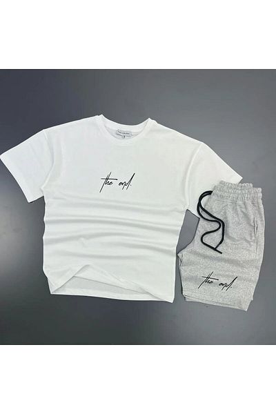 Mythologie The End White T-shirt Gray Combed Cotton Shorts - Shorts T-Shirt Bottom Top Set Printed Oversize Crew Neck