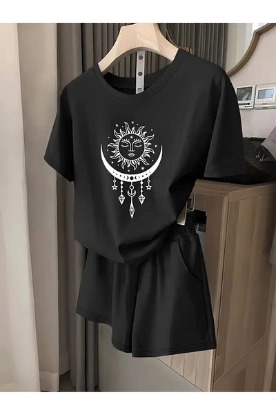 Mythologie Sun Moon T-Shirt Combed Cotton Shorts - Black Shorts T-Shirt Set Printed Oversize Crew Neck