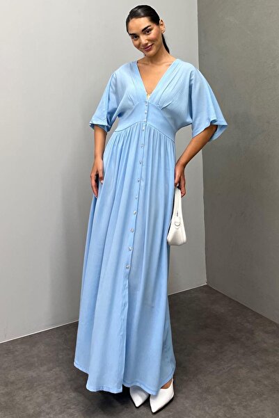 Madmext Bebe Mavisi V Yaka Düğmeli Elbise Mg2339