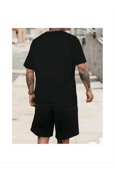 Mythologie Great T-Shirt Combed Cotton Shorts - Black Shorts T-Shirt Suit Printed Oversize Crew Neck