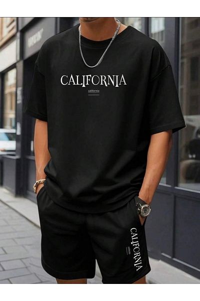 Mythologie California T-Shirt Combed Cotton Shorts - Black Shorts T-Shirt Set Printed Oversize Crew Neck