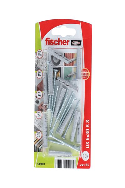 Fischer 20-Piece Universal Plug UX 5 x 30 R with Rim and Screw