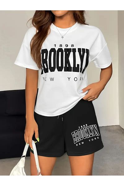 Mythologie Brooklyn 1898 T-Shirt Combed Cotton Shorts - Black Shorts T-Shirt Team Printed Oversize Crew Neck