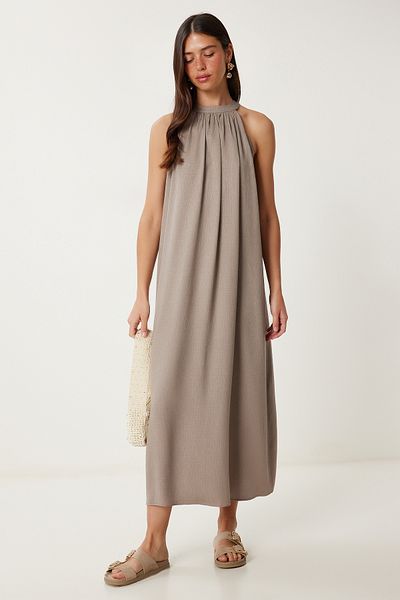 Lovelyİstanbul Halter Neck Summer Long Dress Gray Lfg0011