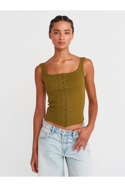 Dilvin 21068 Buttoned Square Neck Top-Dark Green