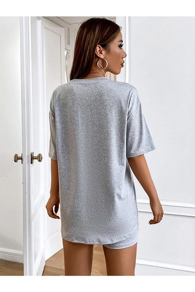 Mythologie Happiness T-Shirt Shorts - Gray T-Shirt with Shorts Top and Bottom Set Printed Crew Neck