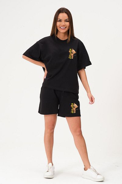 Mythologie Whatsup Teddy T-Shirt Combed Cotton Shorts - Black Shorts T-Shirt Suit Printed Oversize Crew Neck