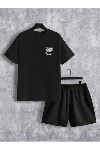 Mythologie Malibu Vibe T-Shirt Combed Cotton Shorts - Black Shorts T-Shirt Team Printed Oversize Crew Neck