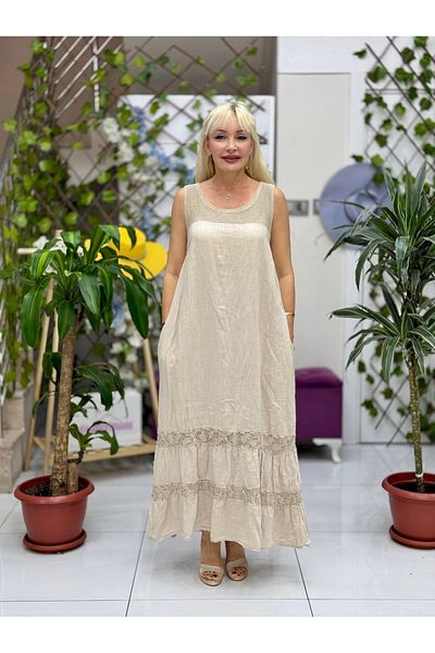Punta Otantik Nc61340 Italian Mesh Strap Linen Dress Cream