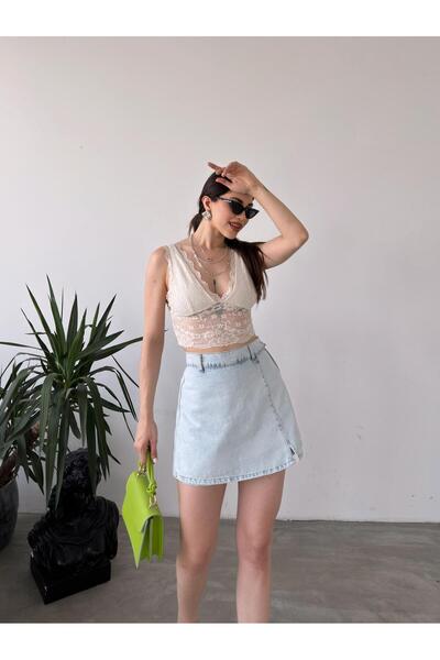Genel Markalar Yırtmaç Detaylı Denim Şort Etek