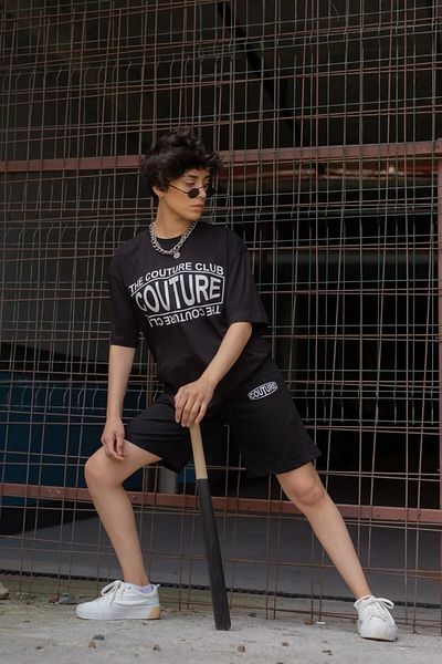 Mythologie Couture T-shirt Combed Cotton Shorts - Black Shorts T-Shirt Bottom Top Set Printed Oversize Crew Neck
