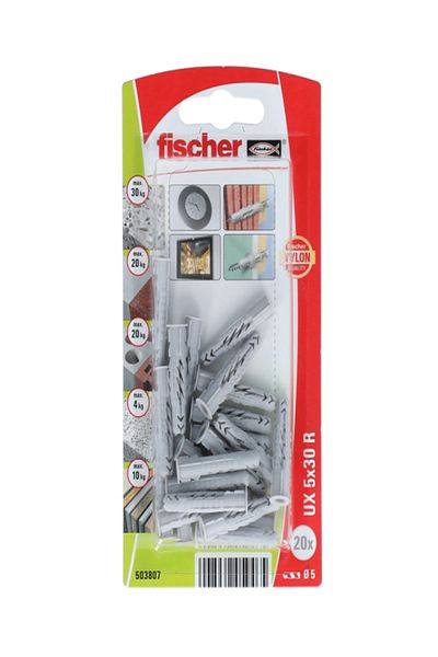 Fischer 20-Piece Universal Plug UX 5 x 30 with Rim