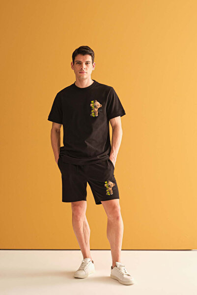 Trendglow Whatsup Teddy T-Shirt Combed Cotton Shorts - Black Shorts T-Shirt Suit Printed Oversize Crew Neck