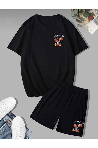 Mythologie Fight Club T-shirt Shorts - Black T-Shirt with Shorts Top and Bottom Set Printed Oversize Crew Neck