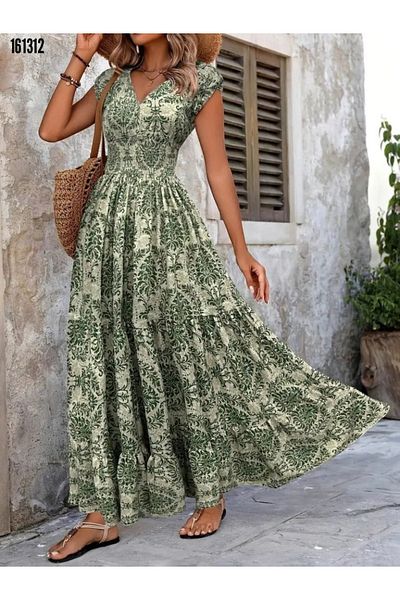 JANES Women's Elastic Waist Double Breasted Collar Short Sleeve Maxi Length Single Jersey Dress