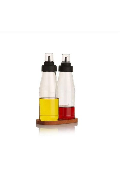 Bayev 3 Piece Large Size Sippy-Free Oil Pot Smart Wooden Stand Glass Oil Set - 720 ml