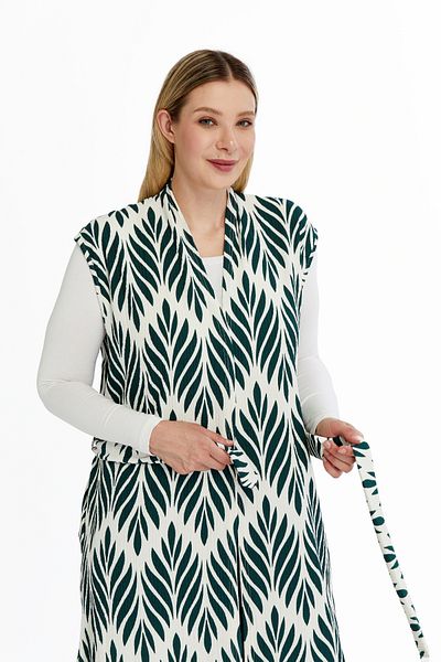 Laden Plus Size Women's Summer Oversized Hijab Pants Belted Pocketed Long Vest Double Patterned Suit