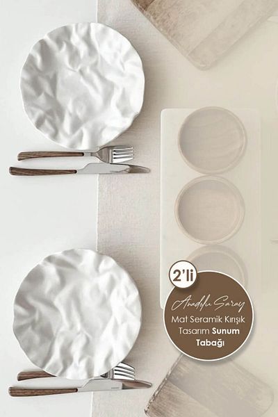 Anadolu Saray Set of 2 19cm Matte Ceramic White Wrinkle Design Handmade Cake Food Presentation Plate Dessert Breakfast Plate