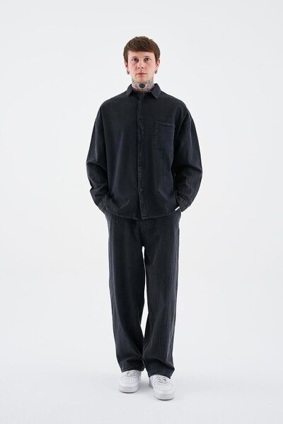 Machinist Men's Effected Washed Basic Long Sleeve Asphalt Shirt