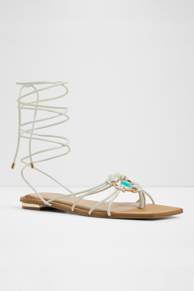 Aldo Nırena - Kadın Suni Deri Beyaz-Ekru Bağcıklı Düz Sandalet