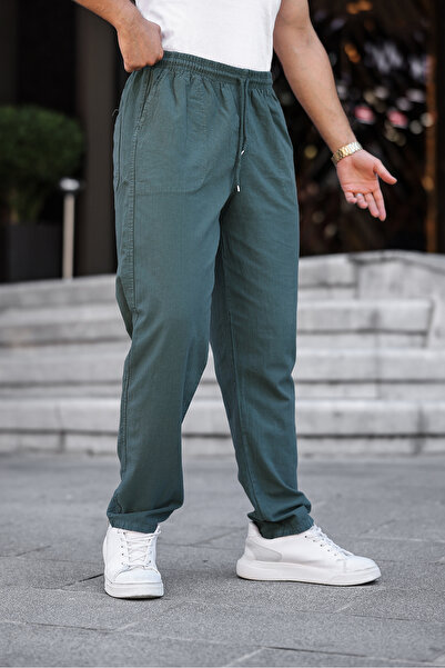 YXC Trend Maker Pánske letné nohavice z ľahkej zmesi ľanu v khaki farbe