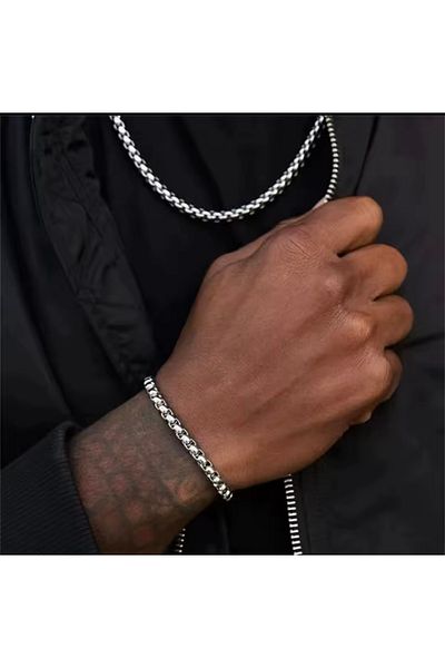 derokas King Chain Steel Set of Two Necklace Wrist Silver Color Stainless Tarnish Free