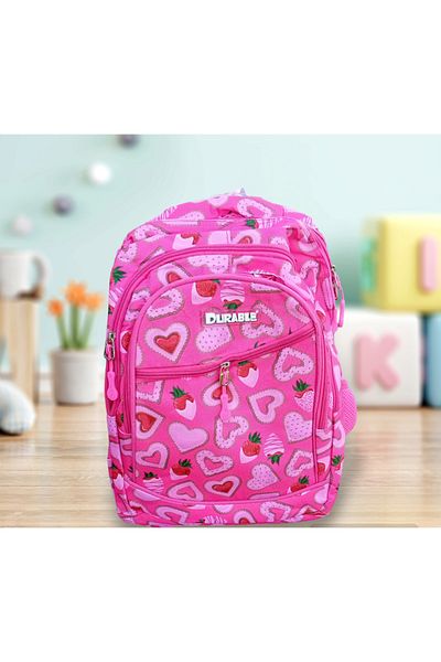 Durable School bag for girls, 6-12 years old, 4 compartments, 2 side pockets, Hearts, Pink