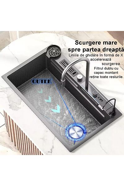 QuTek Chiuveta cascada, afisaj digital temperatura, culoare negru titan, dimensiune 750x450mm