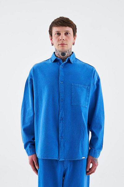 Machinist Men's Effected Washed Basic Long Sleeve Soft Blue Shirt